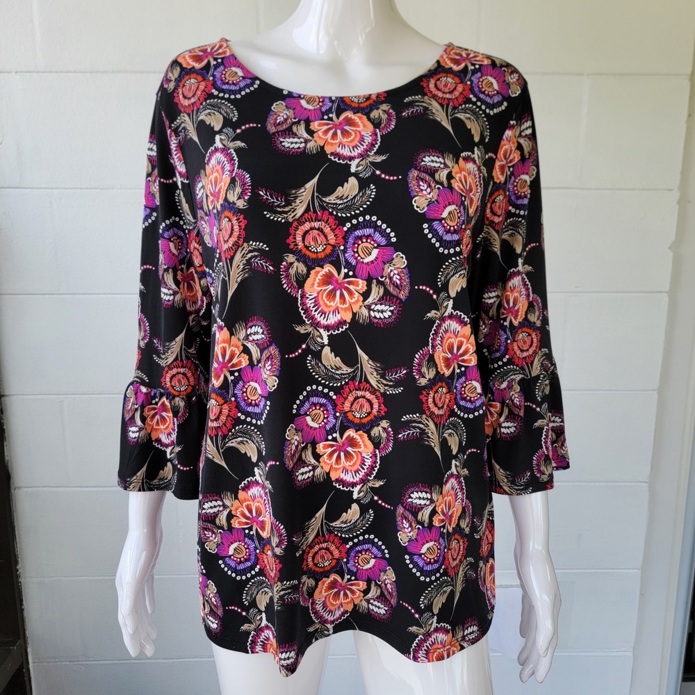 Ruby Rd Floral Bell Sleeve Top Black Women's M Boho Textured Ink Colorful